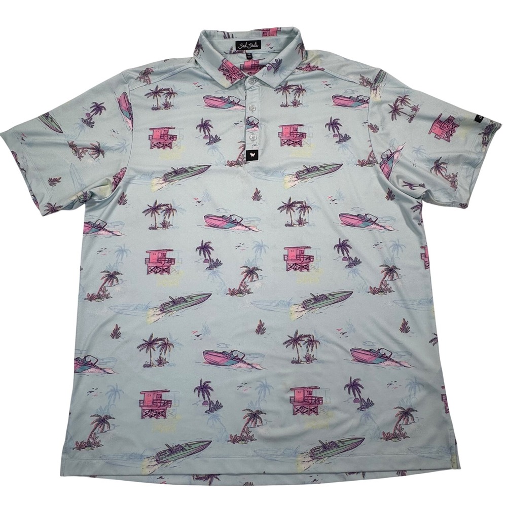 Bad Birdie Mens 2XL Golf Polo Shirt Blue Pink Tropical Speedboat Lifeguard Print